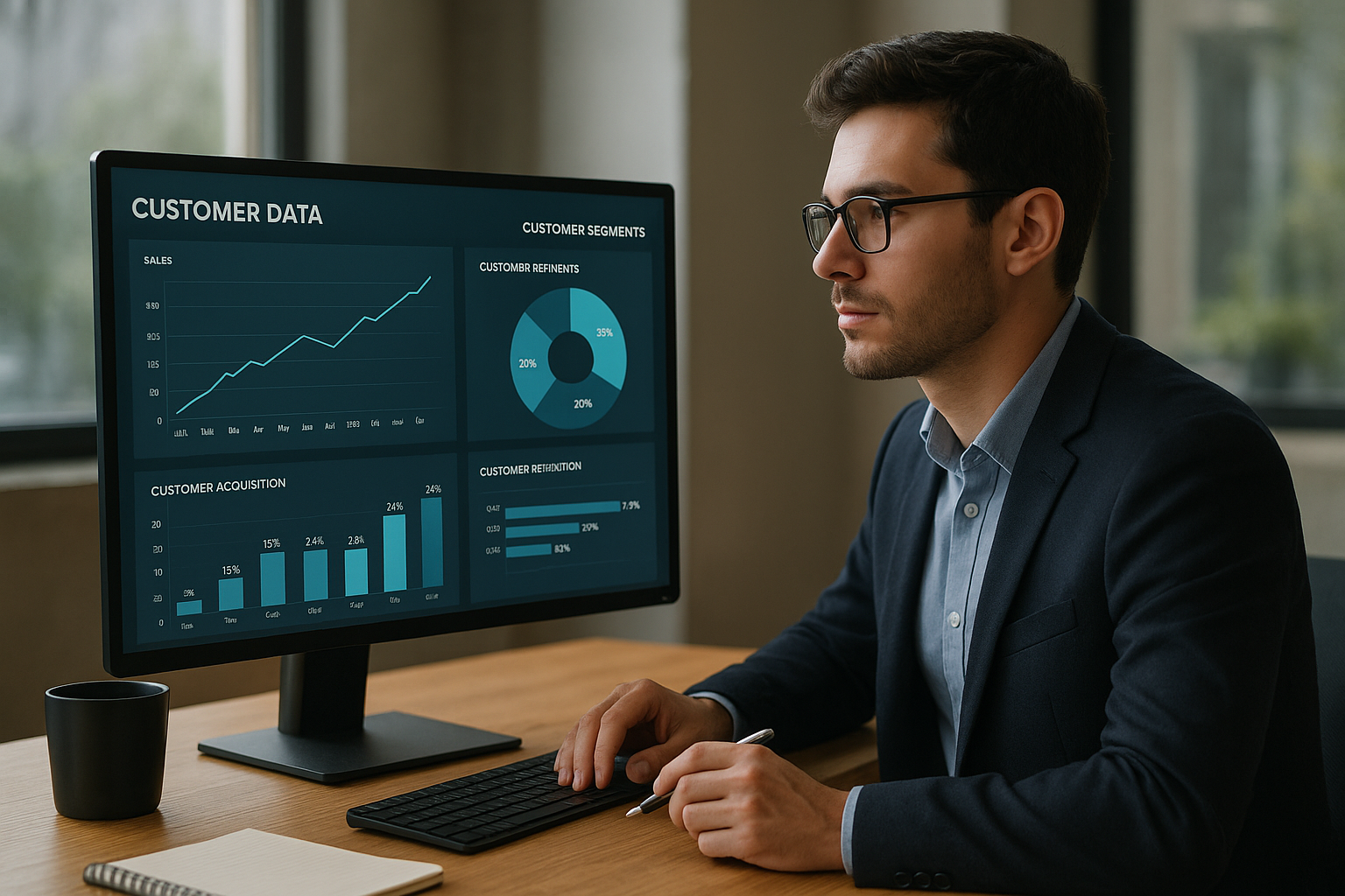 Uma mulher analisando gráficos e perfis de clientes em várias telas de computador, com post-its coloridos ao redor.